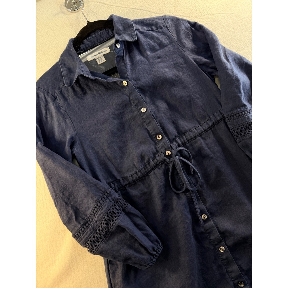 Tommy Bahama Navy Blue Linen Shirt Dress Drawstring Waist Lace Trim XXS